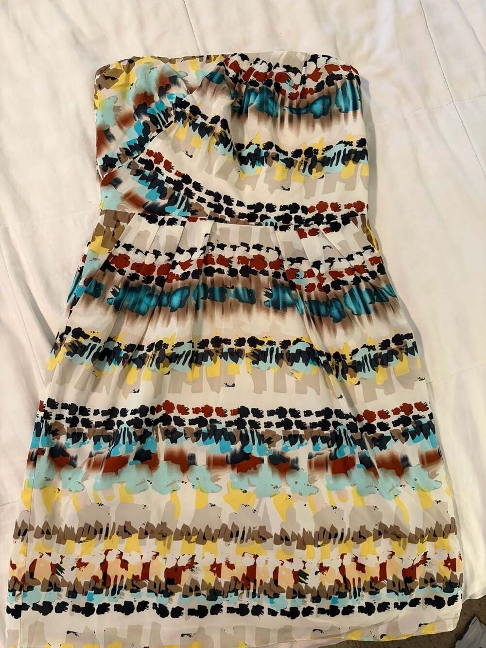 The Limited Strapless Multicolor Abstract Ikat Print Mini Dress with Pockets